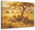 African Lions Wall Art Print, Lion Pride Resting Under Acacia Tree at Golden Sunset, Safari Wildlife Painting Poster 24x36inch(60x90cm)