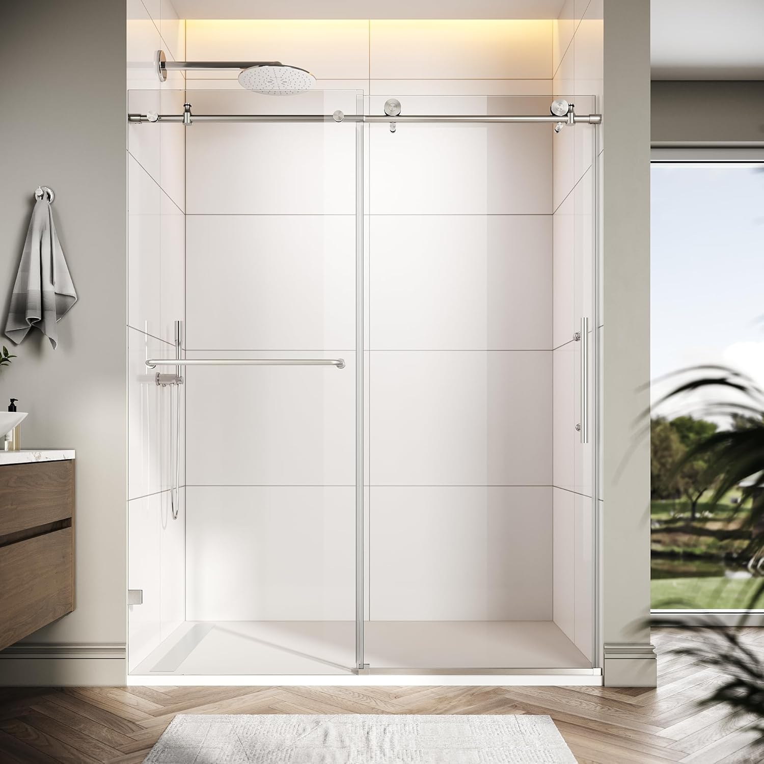 ELEGANT Frameless Sliding Shower Door 60' W x 72' H, Adjustable 56-60' Width, 5/16' (8mm) Tempered Glass, Stainless Steel Towel Bar, Brushed Nickel Finish