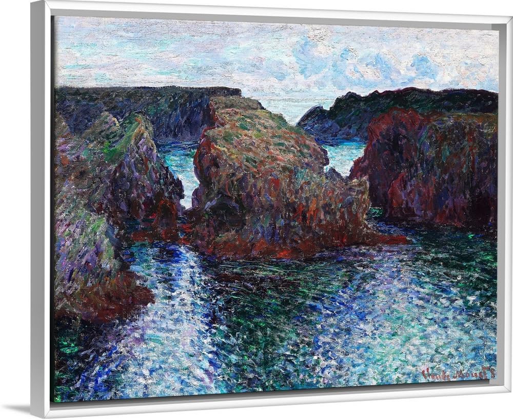 CANVAS ON DEMAND Rocks At Port-Goulphar, Belle-Ile White Float Framed Canvas Wall Art Print by Claude Monet, Classic, Impressionism, Traditional, Home Decor, Ocean Artwork,24' x20in