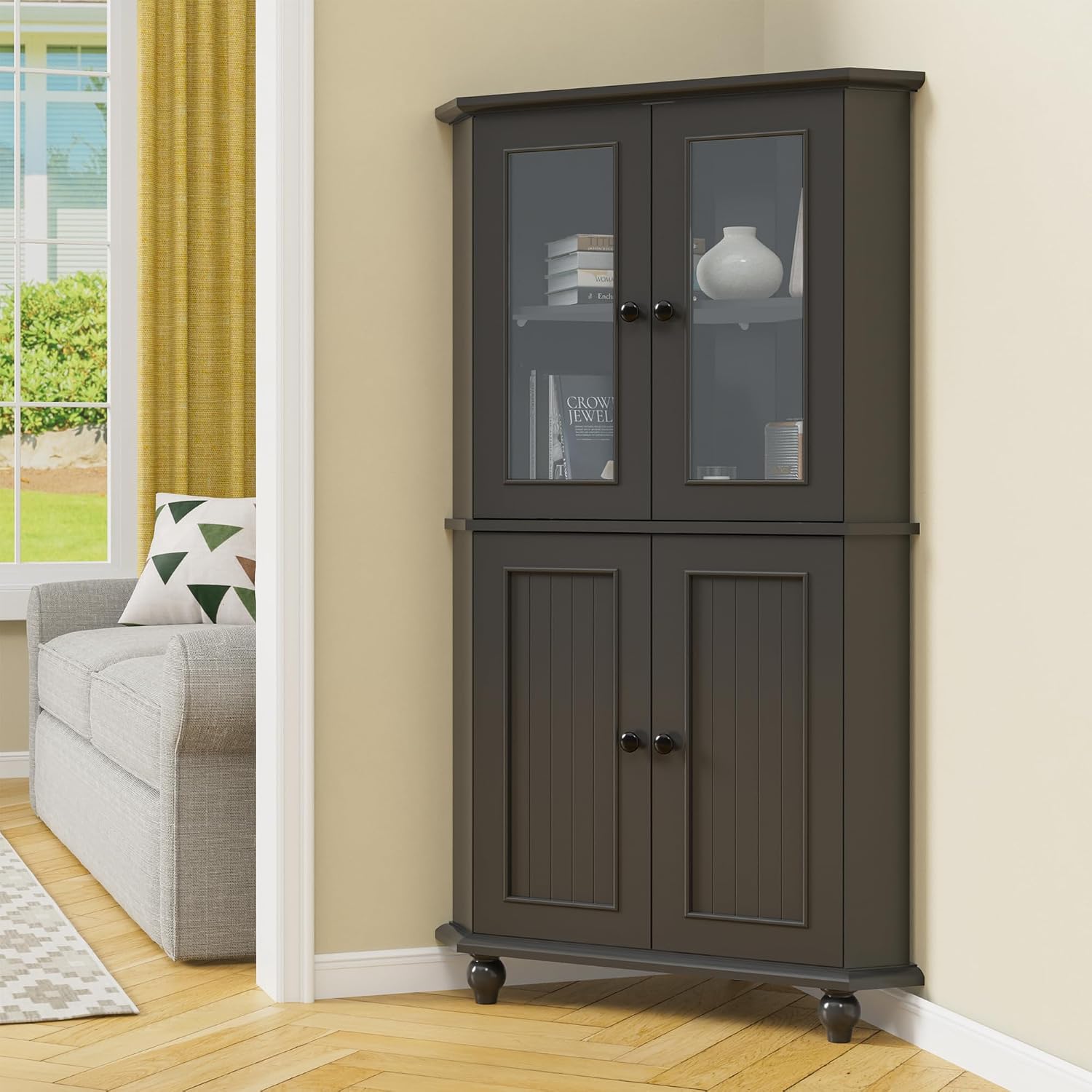Tall Corner Cabinet with Glass Doors, Black Corner Shelf for Living Room | Tempered Glass, Painted, Adjustable Shelves, Roman Column Legs, Anti-Tipping Device, Assembly Required, Large Storage Space