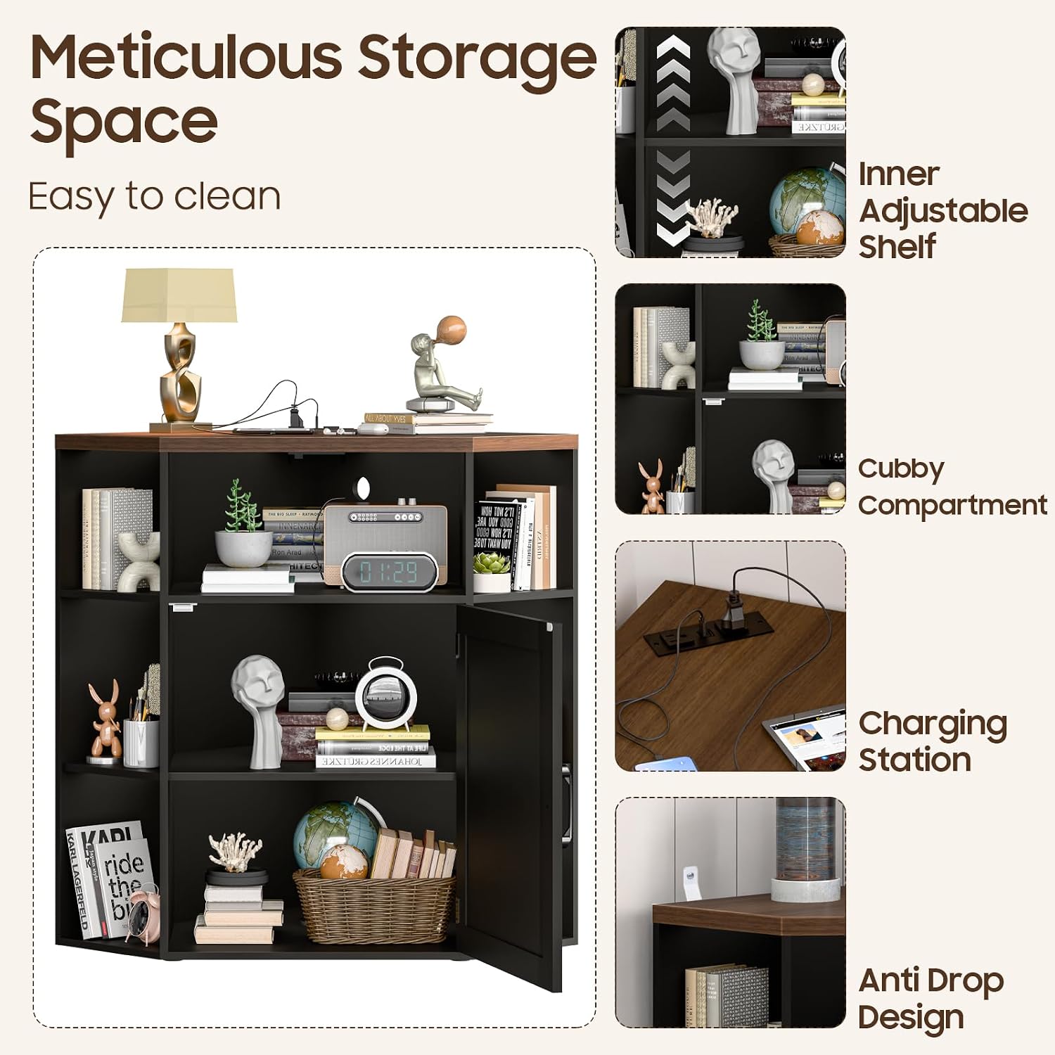 Halitaa Corner Storage Cabinet, Farmhouse Corner Bookshelf with Storage 6-Cubby Wooden Cabinet with USB Ports and Outlets Industrial Organizer for Small Space, Study, Playroom, Black and Brown