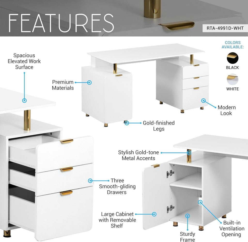 Elegant 57' W Executive Desk with 3 Drawers and Storage Cabinet, Modern Office Desk with Gold Accents, Floating Work Surface, Closed Storage with Ventilation & Adjustable Shelf (White,Gold)