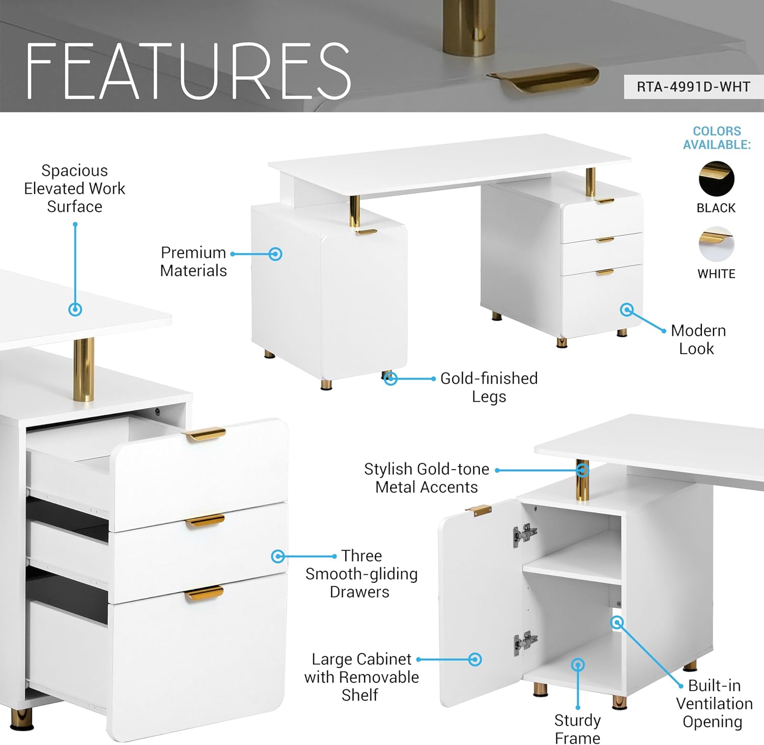 Elegant 57' W Executive Desk with 3 Drawers and Storage Cabinet, Modern Office Desk with Gold Accents, Floating Work Surface, Closed Storage with Ventilation & Adjustable Shelf (White,Gold)