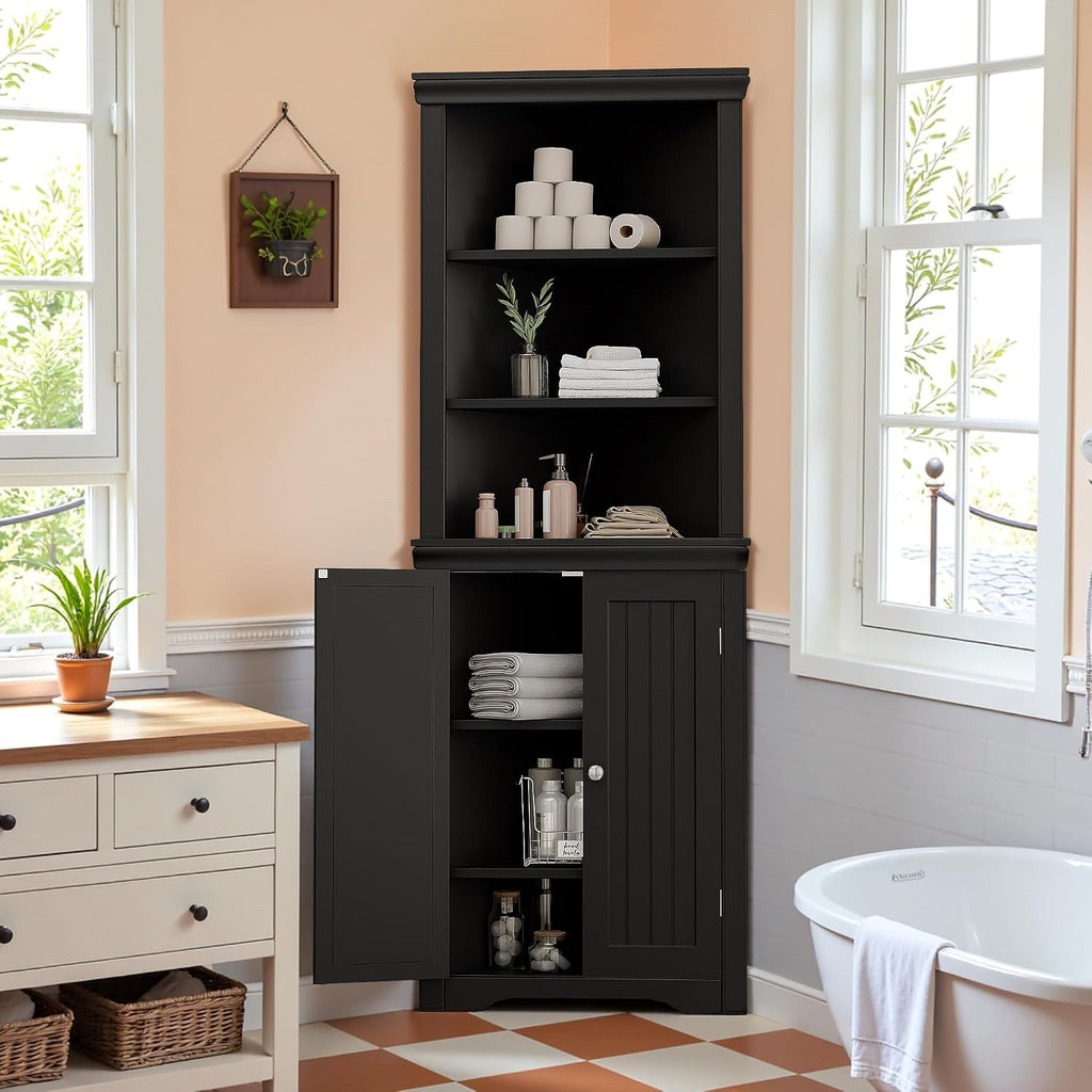Furmax 62' Corner Cabinet, Bathroom Storage Cabinet with 6 Adjustable Shelves & 2 Doors, Freestanding Corner Shelf for Living Room, Bathroom, Kitchen (Black)