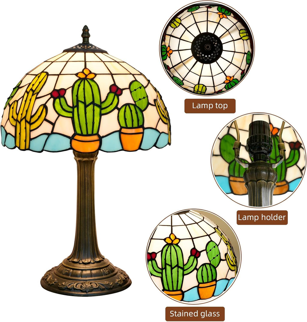 Tiffany Stained Glass Table Lamp Creative Cactus Style Unique Gift for Nature Enthusiasts Bedroom Bedlight Living Room Dining Room Office Desk Home Decor Table Lamp Atmosphere Light