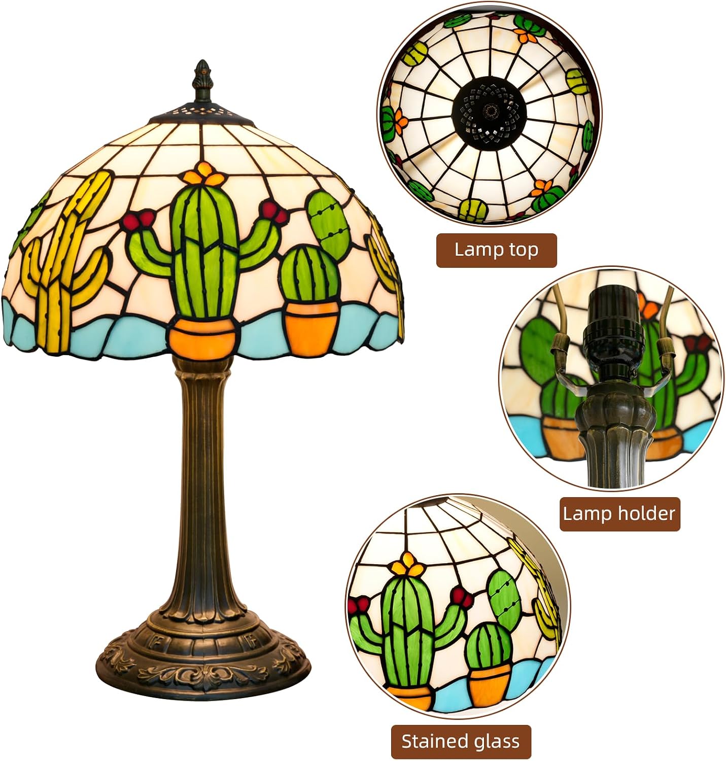 Tiffany Stained Glass Table Lamp Creative Cactus Style Unique Gift for Nature Enthusiasts Bedroom Bedlight Living Room Dining Room Office Desk Home Decor Table Lamp Atmosphere Light