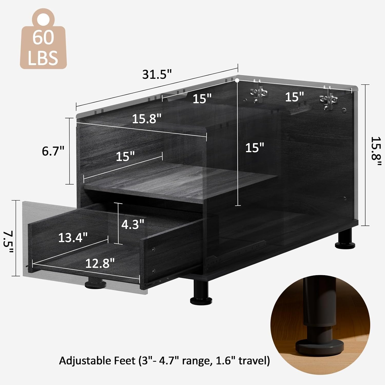 Rresyet Narrow Height Adjustable End Table for Couch with Storage, Drawer & Open Shelf, 15.8' Modern Side Table for Modular Sectional Sofa, for Living Room, Bedroom, Office (1, Black)