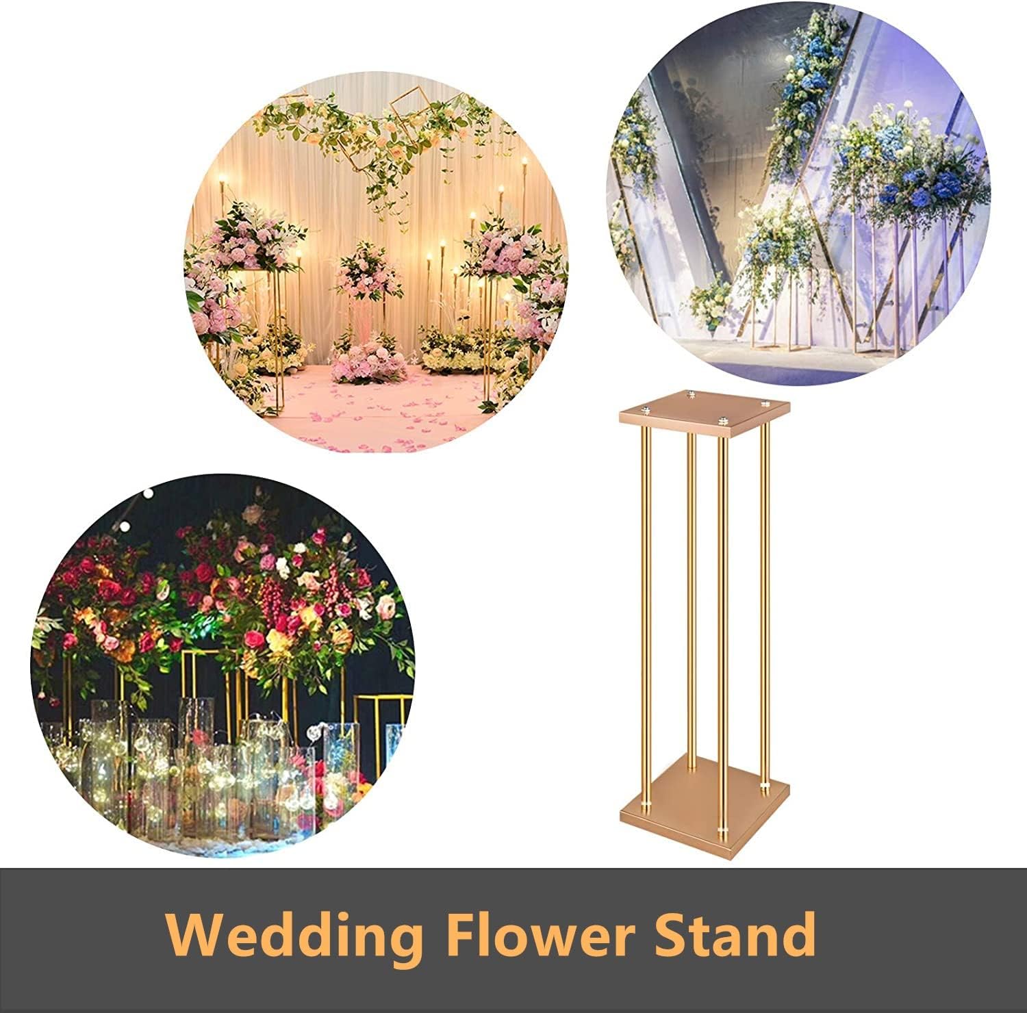 10 Pcs Wedding Flower Stand Metal Vase Stand with Plates Gold Floor Metal Column Gold Rectangular 7.87' x 7.8 7'x 31.5' Flower Display Stands Table Flower Stands for Wedding Party Events Table Decor (31.5 inch Tall)