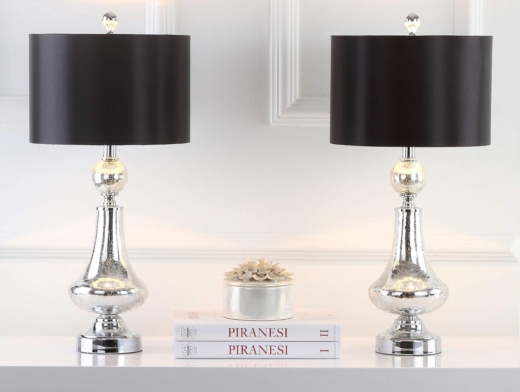 SAFAVIEH Lighting Collection Mercury Crackle Glass/ Black Shade 26-inch Bedroom Living Room Home Office Desk Nightstand Table Lamp Set of 2 (LED Bulbs Included)