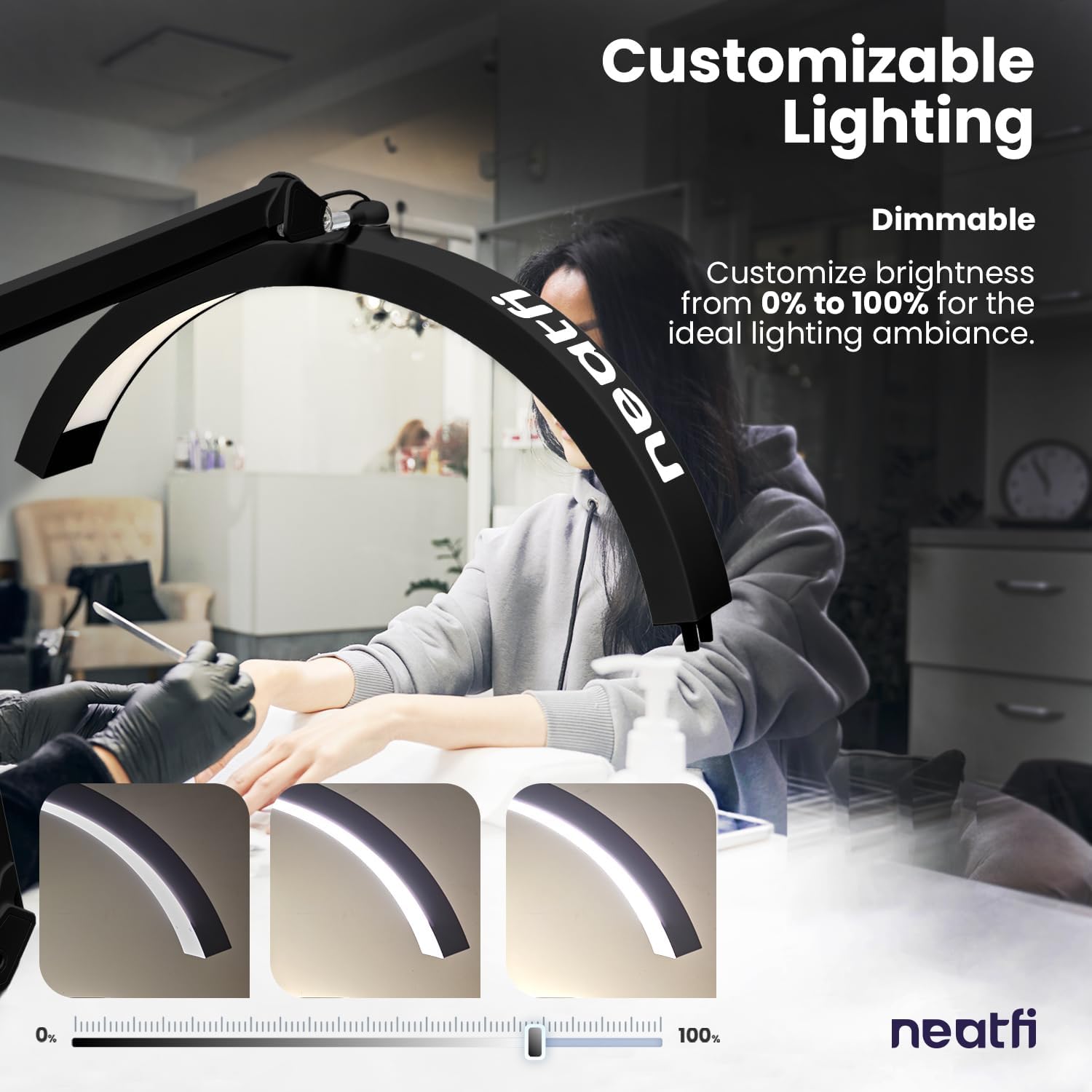 Neatfi Half Moon LED Table Lamp for Estheticians – 2,500 Lumens | CCT Dimming, 5 Light Modes | Professional Task Lamp for Nail Art, Facials, Threading & Tattoos (Black, CCT with Base and Clamp)