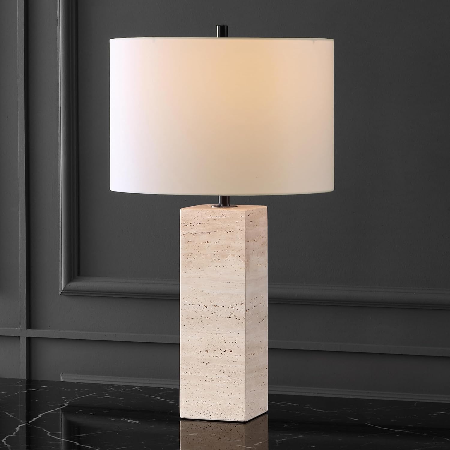 SAFAVIEH Couture Collection Katebryn Travertine/Black 26-inch Dimmable Table Lamp for Bedroom Living Room Home Office Desk Nightstand