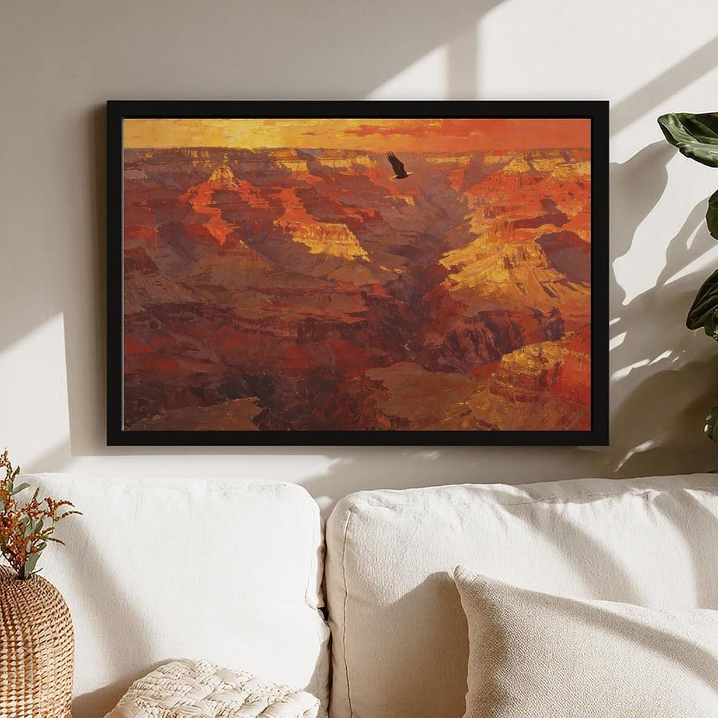 Canyon Sunset Landscape Wall Art Print, Dramatic Red Rock Vista with Soaring Eagle Painting Poster for Home Office Decor 24x36in