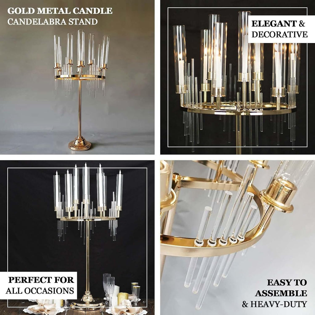 Efavormart 40' Tall 9-Arm Gold Candelabra Centerpiece, Luxury Taper Candle Holder with Clear Glass Hurricane Shades & Crystal Drip Accents for Weddings