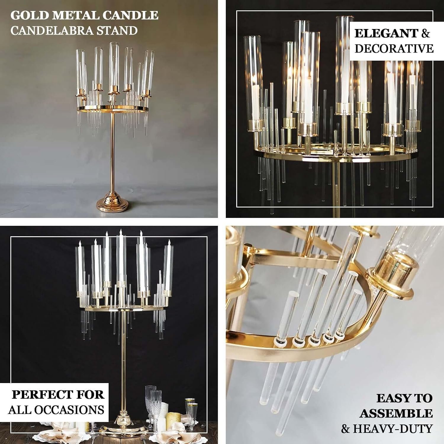 Efavormart 40' Tall 9-Arm Gold Candelabra Centerpiece, Luxury Taper Candle Holder with Clear Glass Hurricane Shades & Crystal Drip Accents for Weddings