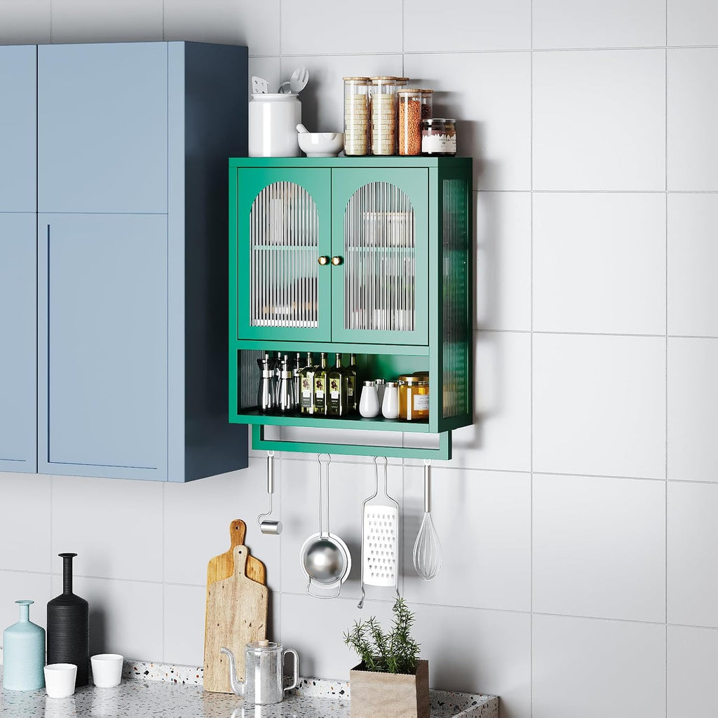 ALBAD Metal Bathroom Wall Cabinet with Fluted Glass Door and Towel Bar Wall-Mounted Medicine Cabinets Above the Toilet for Modern Bathroom, Kitchen, Garage, Laundry Room, Green