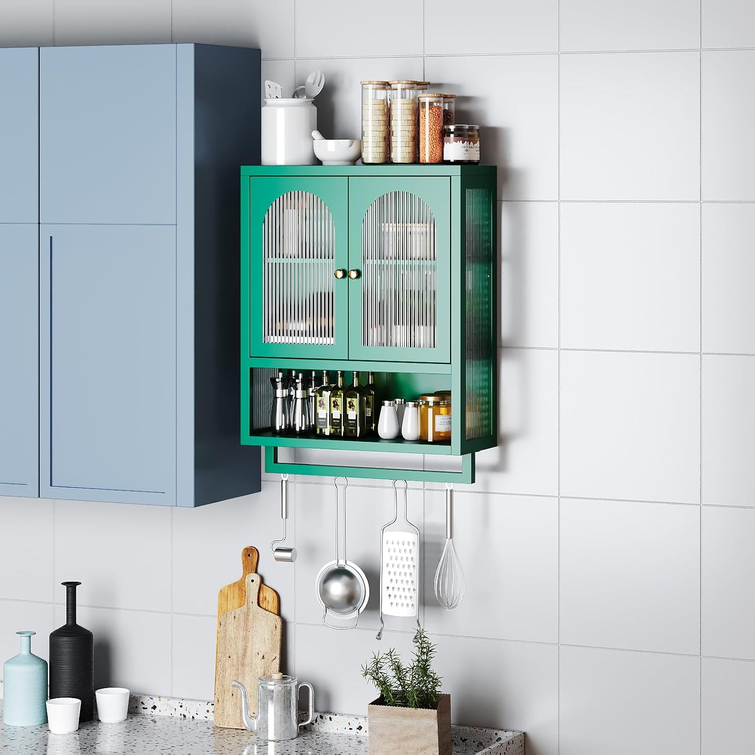 ALBAD Metal Bathroom Wall Cabinet with Fluted Glass Door and Towel Bar Wall-Mounted Medicine Cabinets Above the Toilet for Modern Bathroom, Kitchen, Garage, Laundry Room, Green