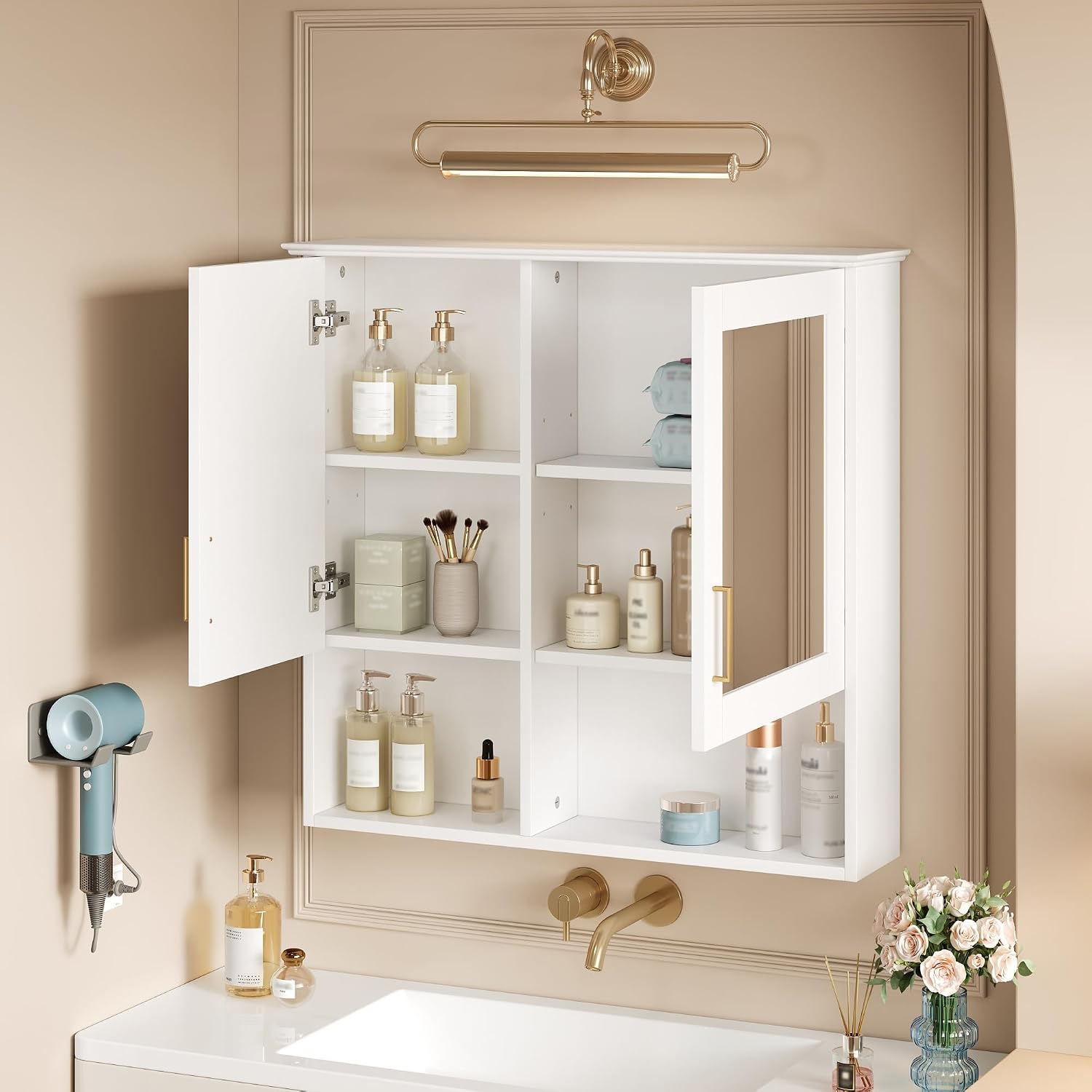Merax 2-in-1 Bathroom Mirror Cabinet, 30 inch Wall Mounted Medicine Cabinet with Adjustable Shelves & Soft Close Doors, High-Define Mirror with Storage for Bathroom Vanity, White
