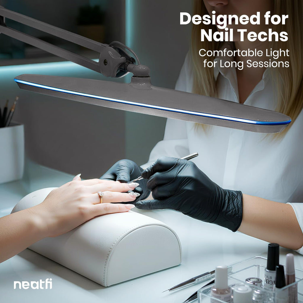 Neatfi XL 24W LED Desk Lamp – 2,200 Lumens | 23' Wide Shade | Dimmable Eye-Caring Task Light | Adjustable Arm | Office, Study, Crafting & Nail Techs (Silver, Non-CCT with Base)