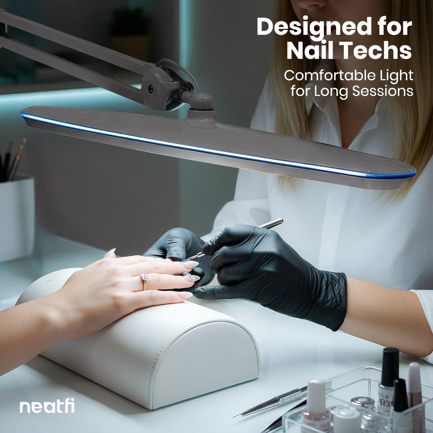 Neatfi XL 24W LED Desk Lamp – 2,200 Lumens | 23' Wide Shade | Dimmable Eye-Caring Task Light | Adjustable Arm | Office, Study, Crafting & Nail Techs (Silver, Non-CCT with Base)