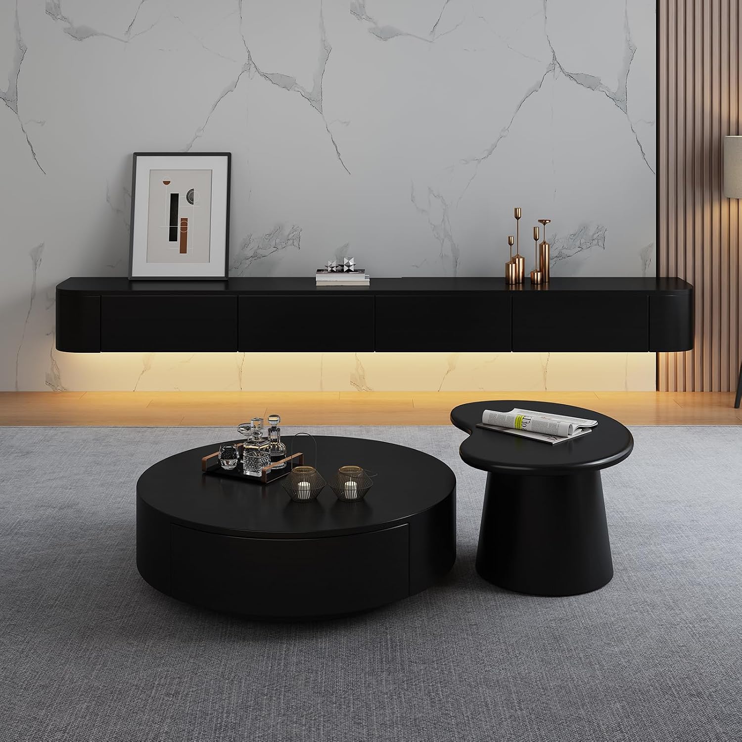 Floating TV Stand - Wall Mounted Media Console with 2 Drawer, Floating Entertainment Center TV Cabinet, Wall Mounted Audio/Video Shelf for Home Room (Black+LED, 70.87x7.87x9.45IN)