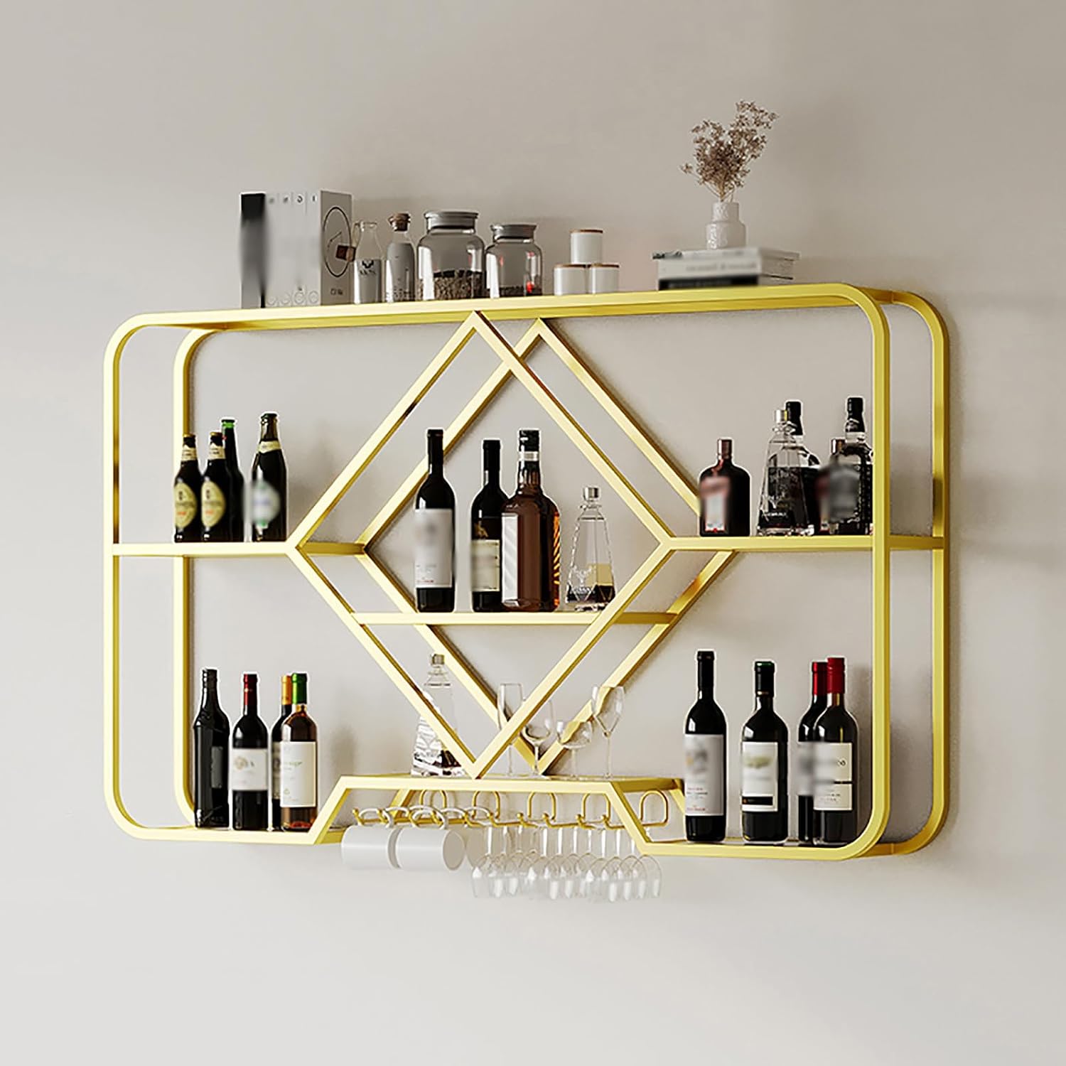 Wine Rack Wall Mounted, Floating Bar Kitchen Shelf Rack With Light Strip, Hanging Wine Glass Rack, Shelf Corner Bar Kitchen Shelf Rack, For Home Bar Dining Room Cafe Kitchen(Color:Gold,Size:120x70x20c