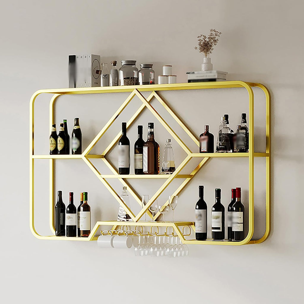Wine Rack Wall Mounted, Floating Bar Kitchen Shelf Rack With Light Strip, Hanging Wine Glass Rack, Shelf Corner Bar Kitchen Shelf Rack, For Home Bar Dining Room Cafe Kitchen(Color:Gold,Size:100x70x20c