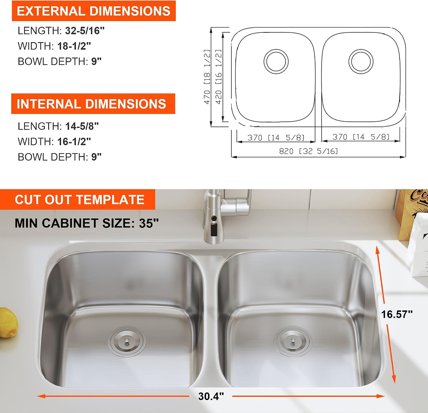 32 Inch Undermount Double Bowl Kitchen Sink 50/50 Stainless Steel 18 Gauge Commercial Grade Satin Finish Sinks 32' x 18' x 9'