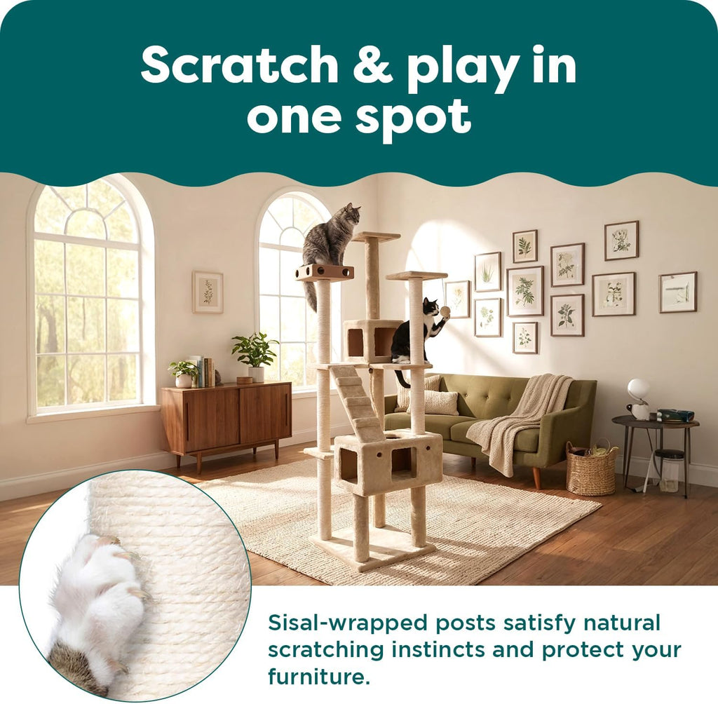 FurHaven 69.3' Tall Cat Scratching Post Tower for Indoor Cats, Sisal Cat Tree with 2 Condos, Tiger Tough Double Decker Playground, Toys & Perches for Cats, Sisal, Cream