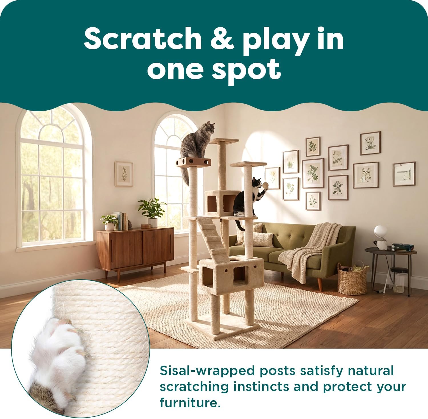 FurHaven 69.3' Tall Cat Scratching Post Tower for Indoor Cats, Sisal Cat Tree with 2 Condos, Tiger Tough Double Decker Playground, Toys & Perches for Cats, Sisal, Cream
