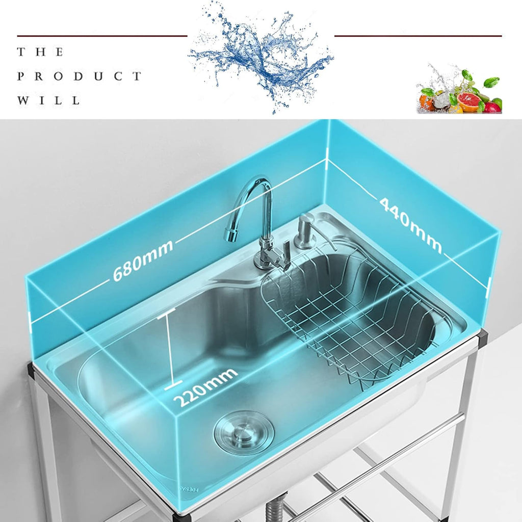 Free Standing Sink | Single Bowl Sink | 304 Stainless Steel Sink | 1 Compartment Commercial Kitchen Sink | Utility Prep Sinks | Extra-Deep Laundry Tub | Indoor-Outdoor Protable