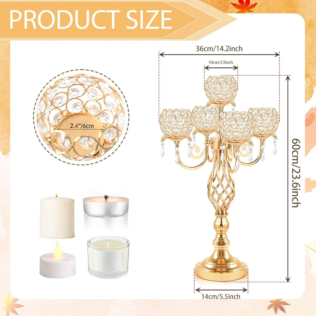 5-Arm Crystal Candelabra Centerpiece 23.2' Tall - Elegant Candle Holder Stand with Crystal Bowl, Chic Table Decor for Weddings, Parties, Anniversary & Home Decoration (4, Gold)