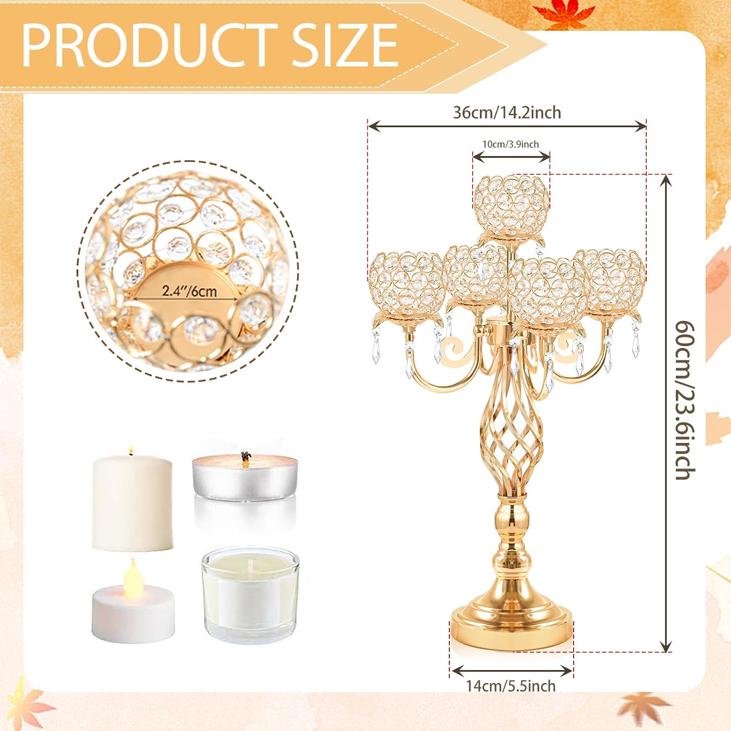 5-Arm Crystal Candelabra Centerpiece 23.2' Tall - Elegant Candle Holder Stand with Crystal Bowl, Chic Table Decor for Weddings, Parties, Anniversary & Home Decoration (4, Gold)