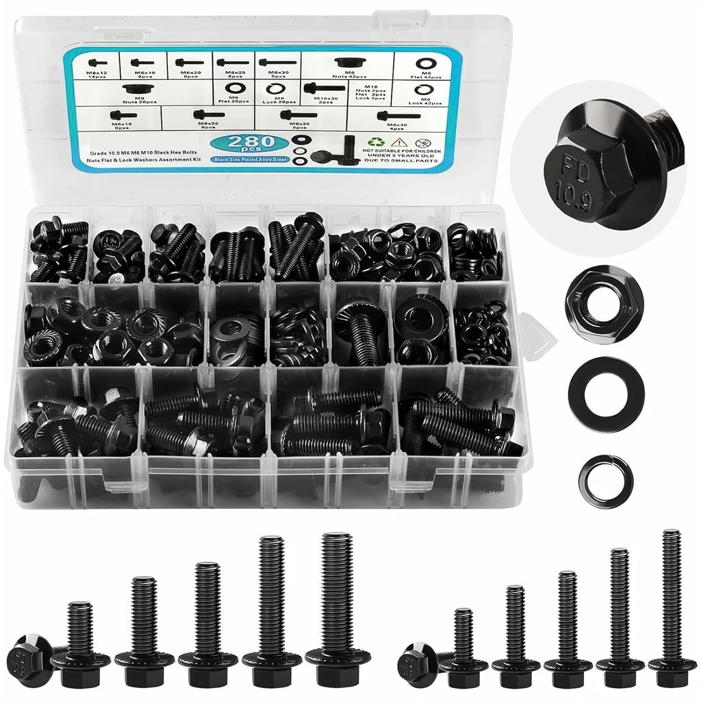 Set Screw Assortment Kit 280Pcs Metric Flange Hex Bolt Assortment Kit with Nuts and Washers for Homeowners,DIYers,Mechanics,Industrial Workers