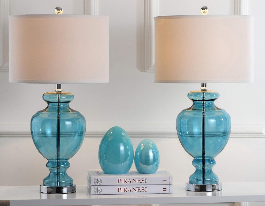 SAFAVIEH Lighting Collection Morocco Blue Glass 28-inch Bedroom Living Room Home Office Desk Nightstand Table Lamp Set of 2 (LED Bulbs Included)