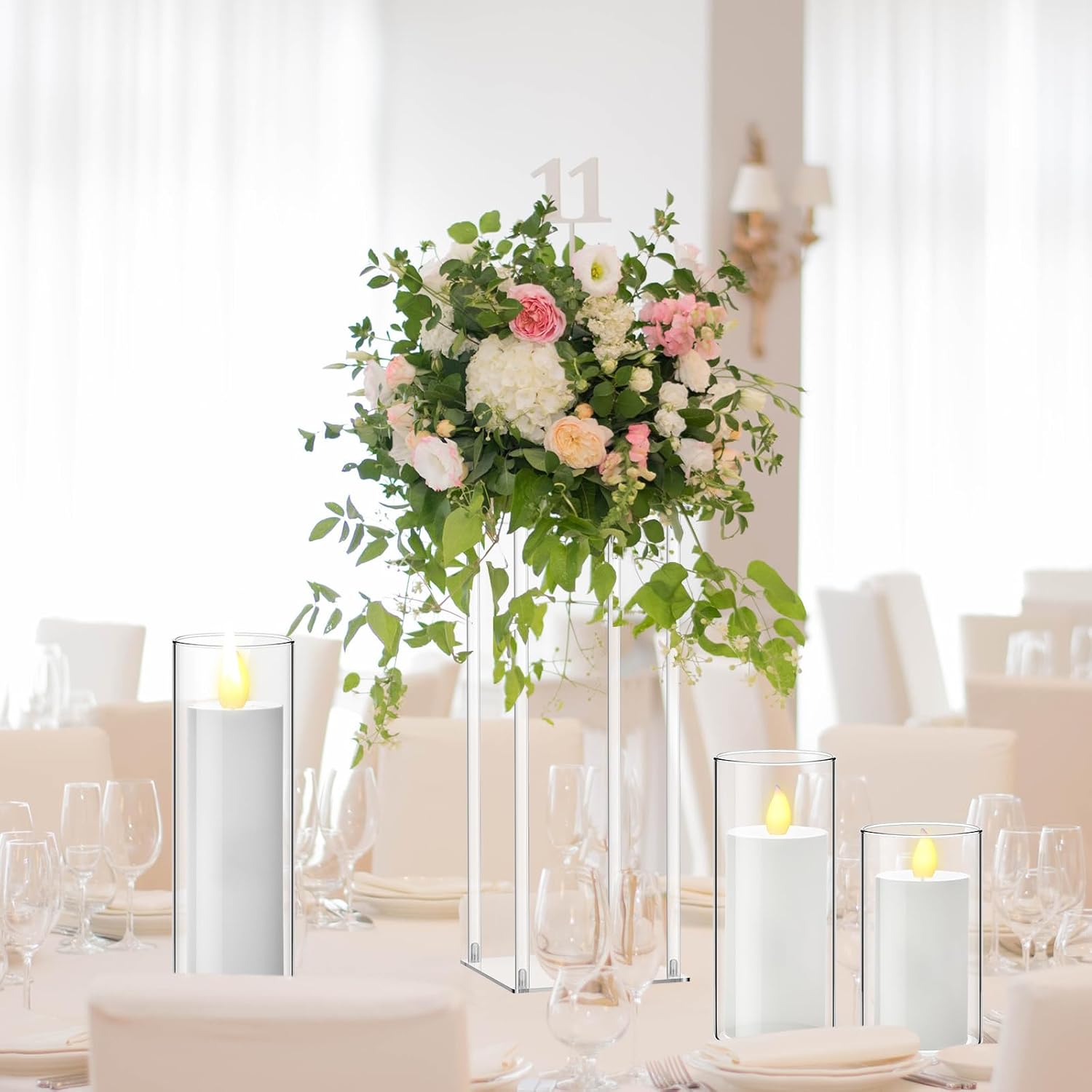 Sieral 6 Sets 20''Tall Clear Acrylic Flower Vase Wedding Centerpieces Flowers Stand with Glass Candle Holders Cylinder Vases, Transparent Flower Vases for Table Centerpiece Wedding Home (Mix)