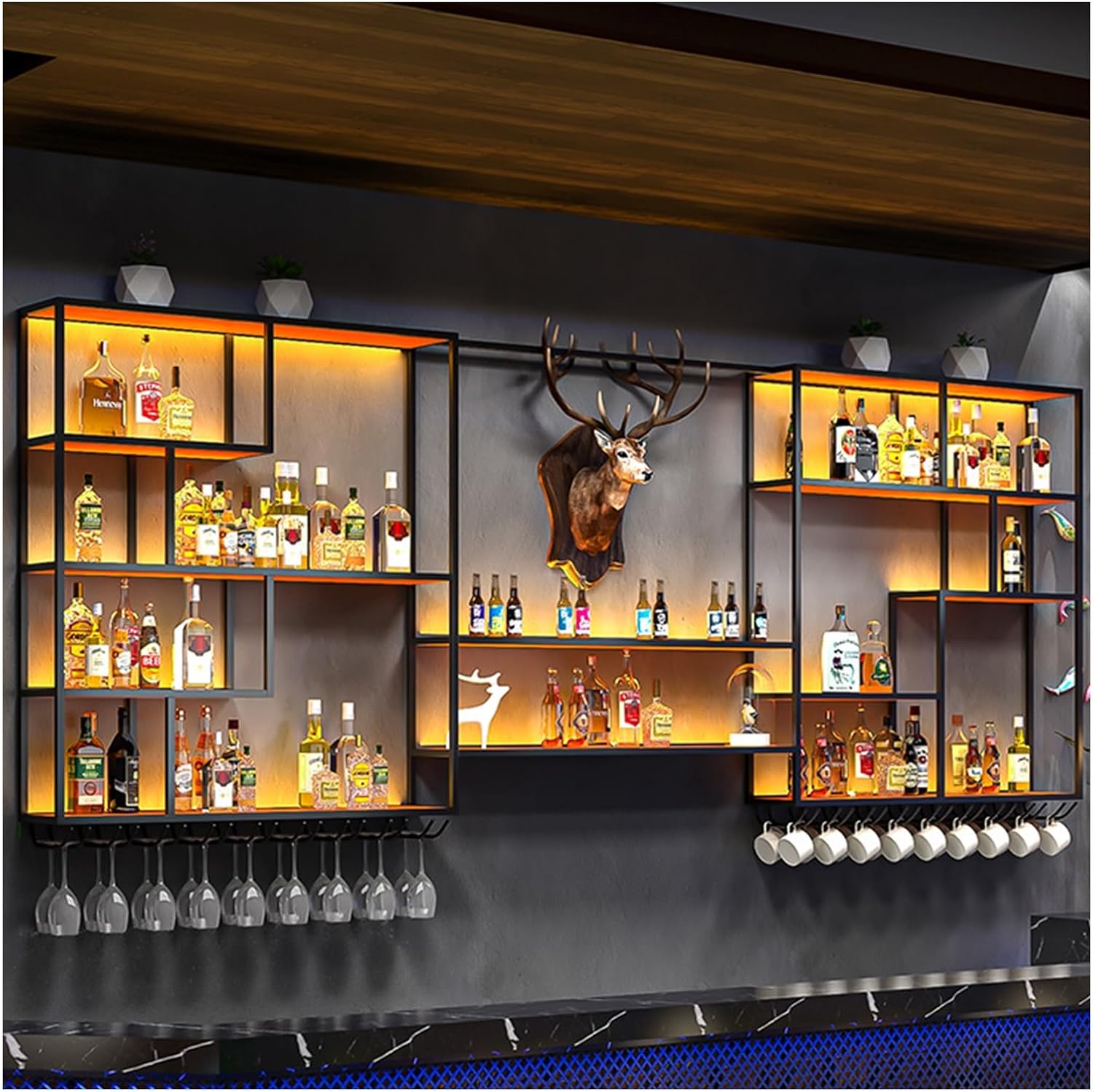 Wall Mounted Wine Rack with LED Lights, Large Heavy Duty Iron with Wine Glass Holds, Floating Shelf for Kitchen Home Bar, Industrial Metal Whiskey Display