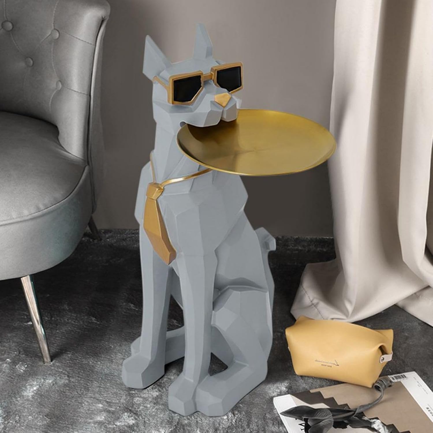 homary Modern Resin Dog Sculpture Geometric Standing Statue Cute Side Table Tray End Table with Tissue Storage (Gray)