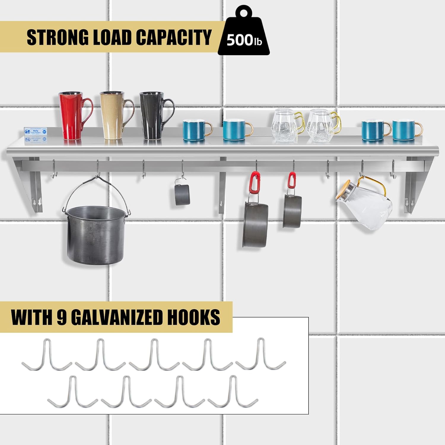 Hally Stainless Steel Shelf with 9 Hooks 18' x 72' Wall Mounted Pot Rack 500lb, NSF Commercial Floating Shelving for Storage Hanging Pots, Pans, cookware in Restaurant, Kitchen, Home and Hotel