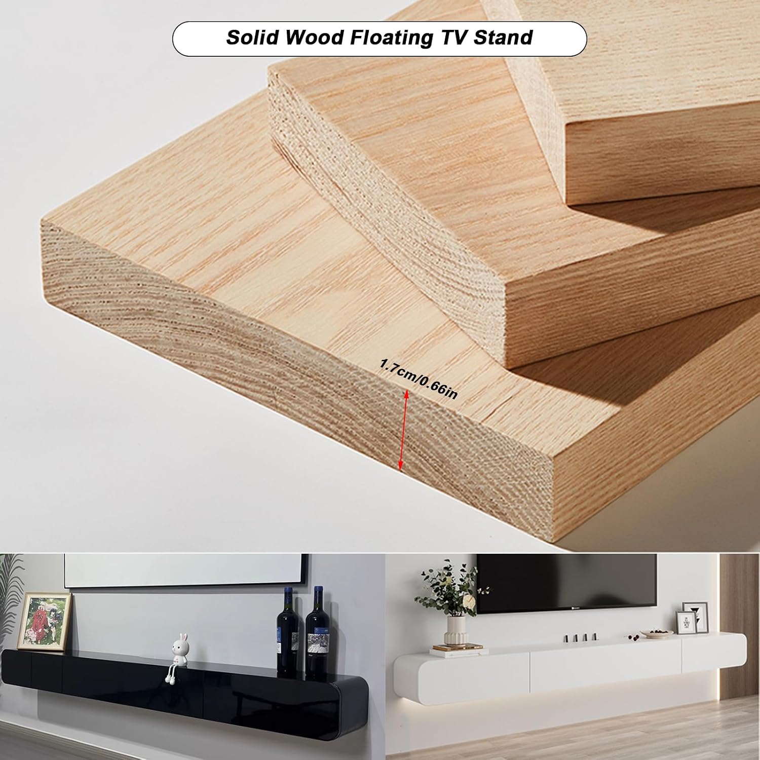 Solid Wood Floating TV Stand Wall Mounted, White, 63' Wall Mounted Entertainment Center Console, Hanging tv Media Shelf for Living Room, Bedroom (DSGWHITE-B, 63IN)