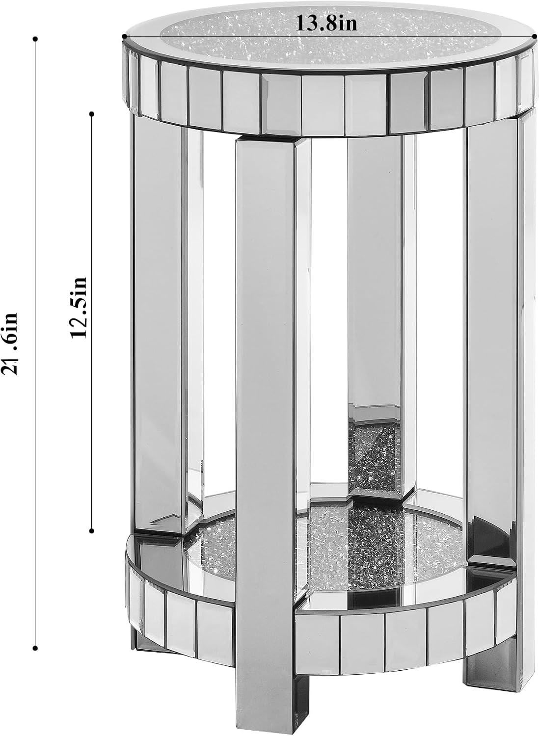 Mirrored Round End Table with Crystal, 2-Layer Modern Small Sofa Table with Storage Space, Silver Decorative Table for Living Room, Bedroom