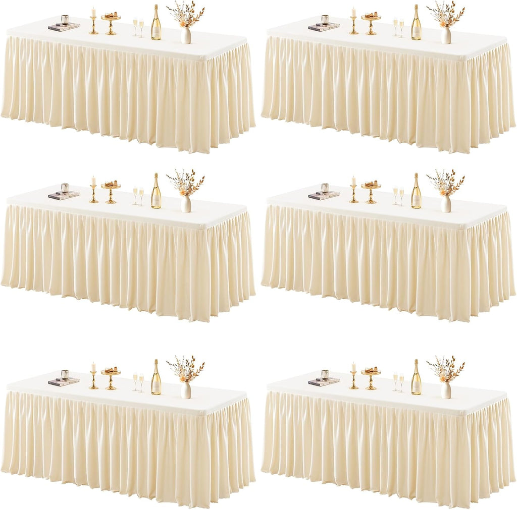6 Pack Champagne Tablecloths for Rectangle Tables 8ft, Wrinkle Resistant Spandex Tablecover Fitted Stretch Table Cloth with Pleated Ruffle Table Skirts for Party Banquet Dining Birthday Wedding