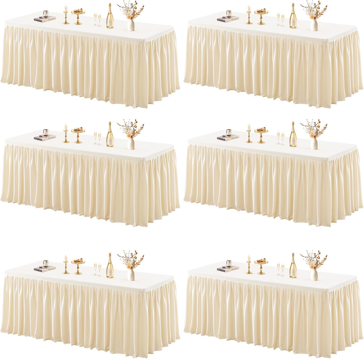 6 Pack Champagne Tablecloths for Rectangle Tables 8ft, Wrinkle Resistant Spandex Tablecover Fitted Stretch Table Cloth with Pleated Ruffle Table Skirts for Party Banquet Dining Birthday Wedding