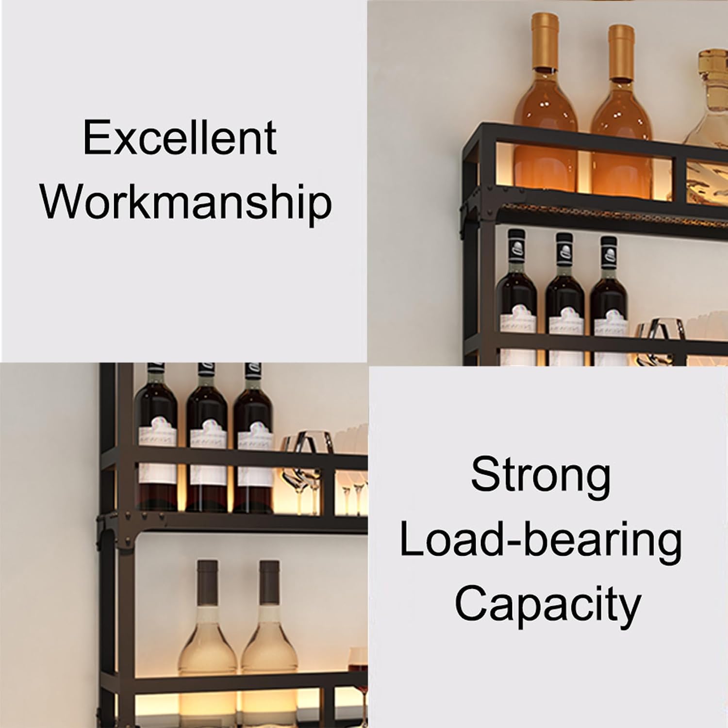 Wall Wine Rack Floating Bar Shelves Wall Mounted with LED Light Liquor Bottle Display Shelf with Hanging Wine Glass Rack Kitchen Wall Shelf Liquor Cabinet Bar Stand for Home Bar Cafe Restaurant(Black,