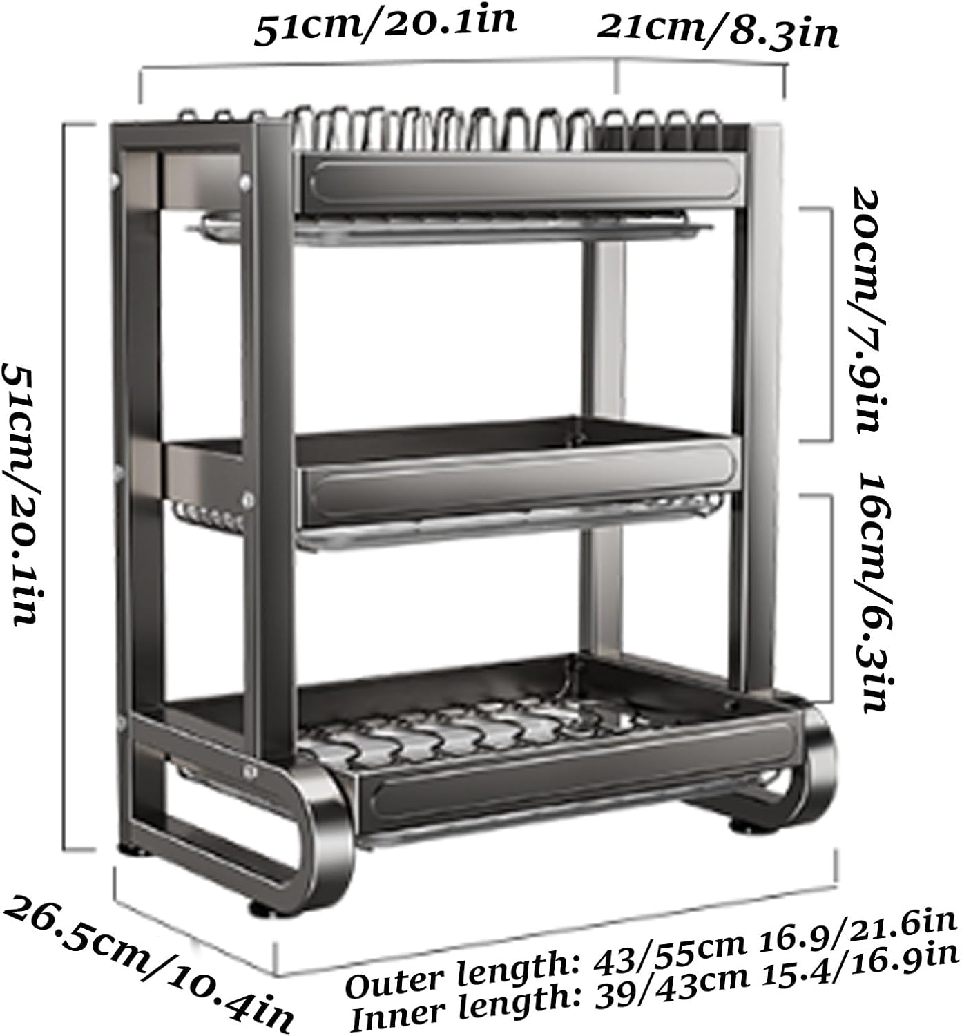 Double-Layer Multi-Functional Dish Rack for Storage and drainingStainless Steel Dish Rack,Drain Rack,Kitchen Storage Rack,Bowl Holder,Dish Cabinet,304 Household use(Triple Layer,53