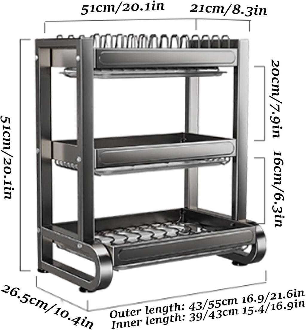 Double-Layer Multi-Functional Dish Rack for Storage and drainingStainless Steel Dish Rack,Drain Rack,Kitchen Storage Rack,Bowl Holder,Dish Cabinet,304 Household use(Triple Layer,43