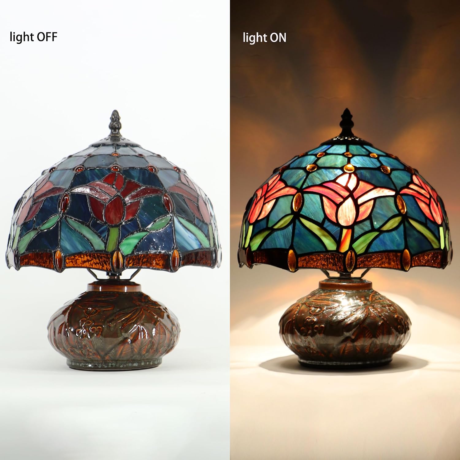Tiffany Table Lamp, 10X10X11 Inch Mini Stained Glass Mushroom Desk Light Memory Sympathy Ceramic lamp (Tulip Style)