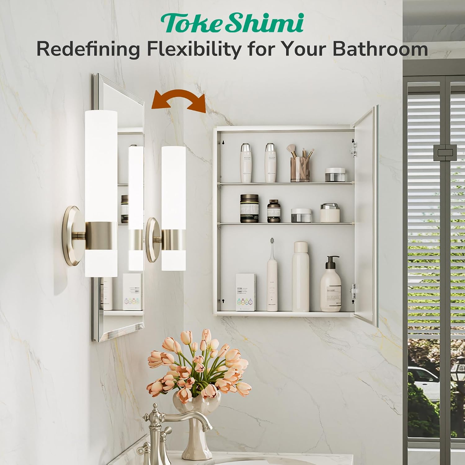 TokeShimi 12 x 36 Medicine Cabinet with Tempered Beveled Mirror, Assembly Required, Silver Medicine Cabinet for Bathroom, Stepless Adjustable Shelves, DTC Hinge, Recessed/Surface-Mounted