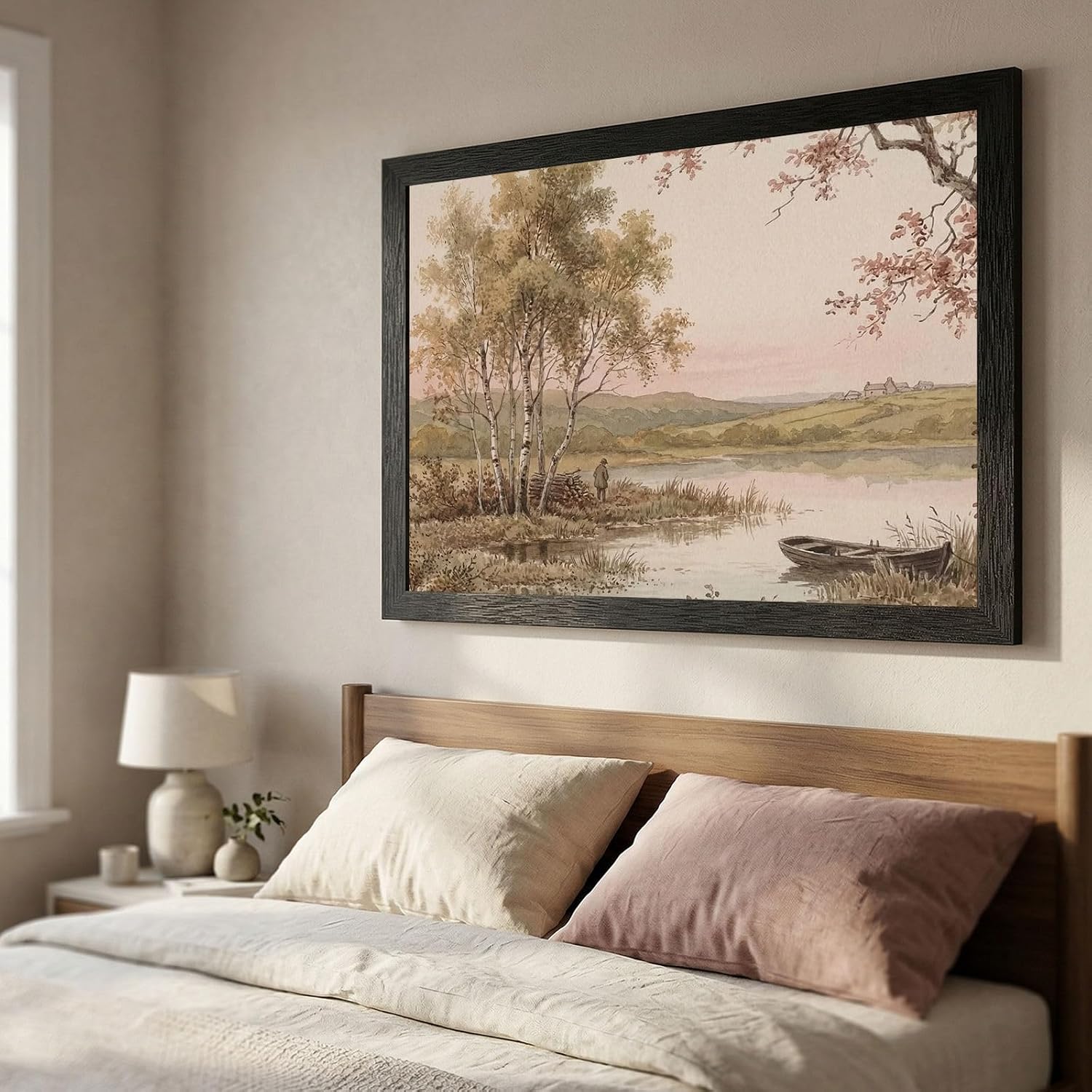 Framed Birch Tree Landscape Wall Art - 19th-Century Pastoral Watercolor Style - Black Frame Modern Home Decor - Serene Nature Print for Living Room and Office - Ready to Hang - 24x36 Inch