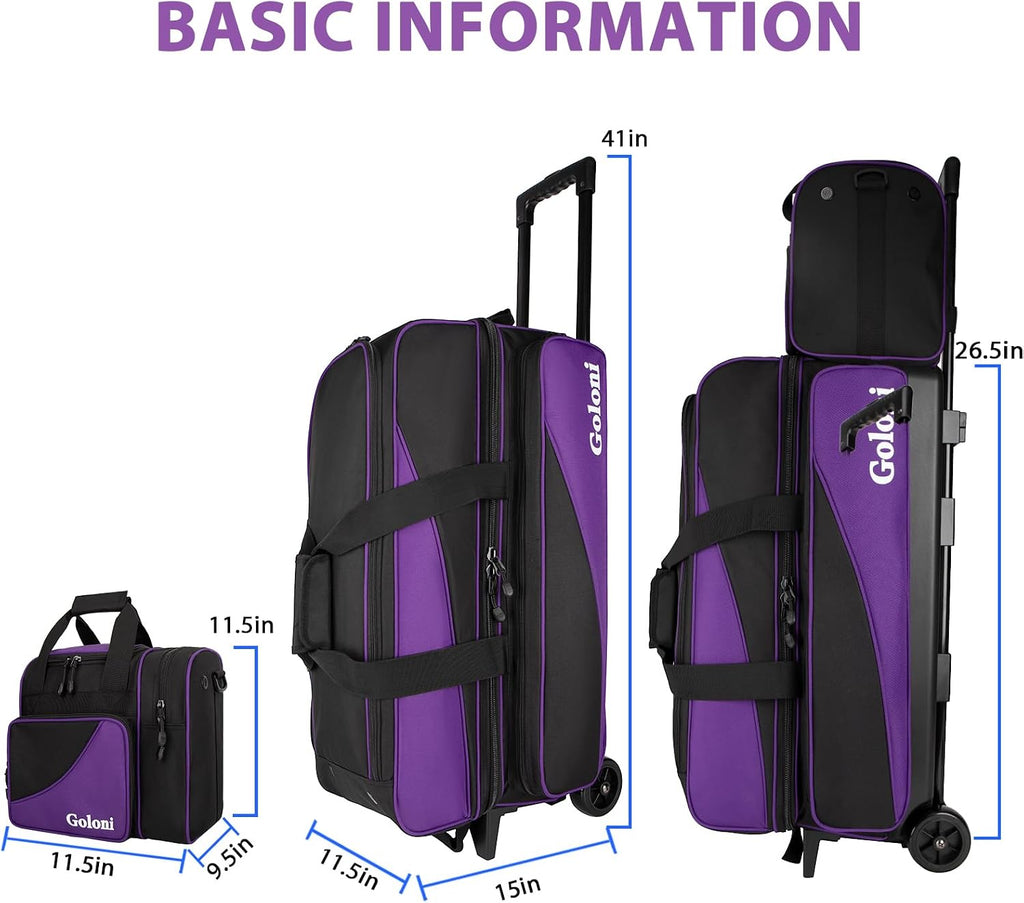 Goloni 3 Ball Bowling Bag with Wheels, Rolling Bowling Roller Bag with Retractable Handle for Balls & Bowling Accessories