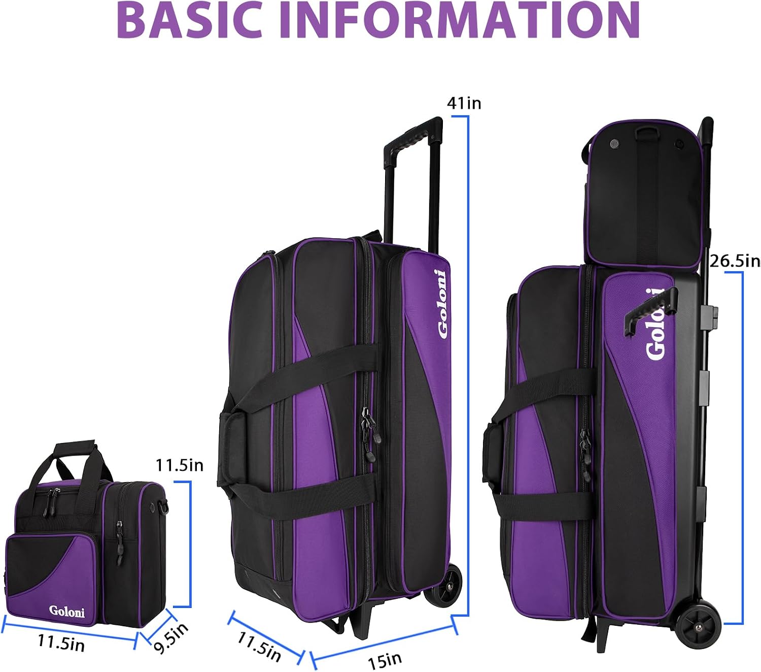 Goloni 3 Ball Bowling Bag with Wheels, Rolling Bowling Roller Bag with Retractable Handle for Balls & Bowling Accessories